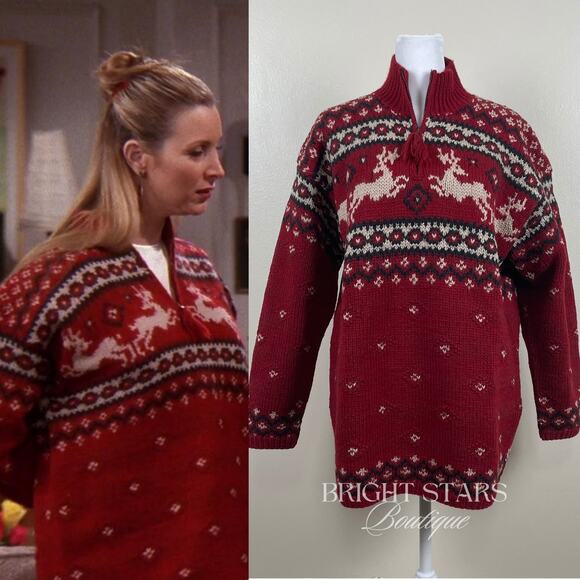 Rare Vintage Reindeer Holiday Sweater ASO Phoebe Buffay Friends Oversize Knit - Picture 1 of 13